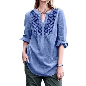 Max Jeans Denim Shirt Chambray Popover Top V-Neck Henley Lightweight Womens XL